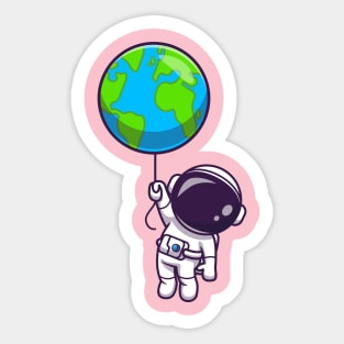 Cute Astronaut Floating With Earth Balloon Cartoon Sticker